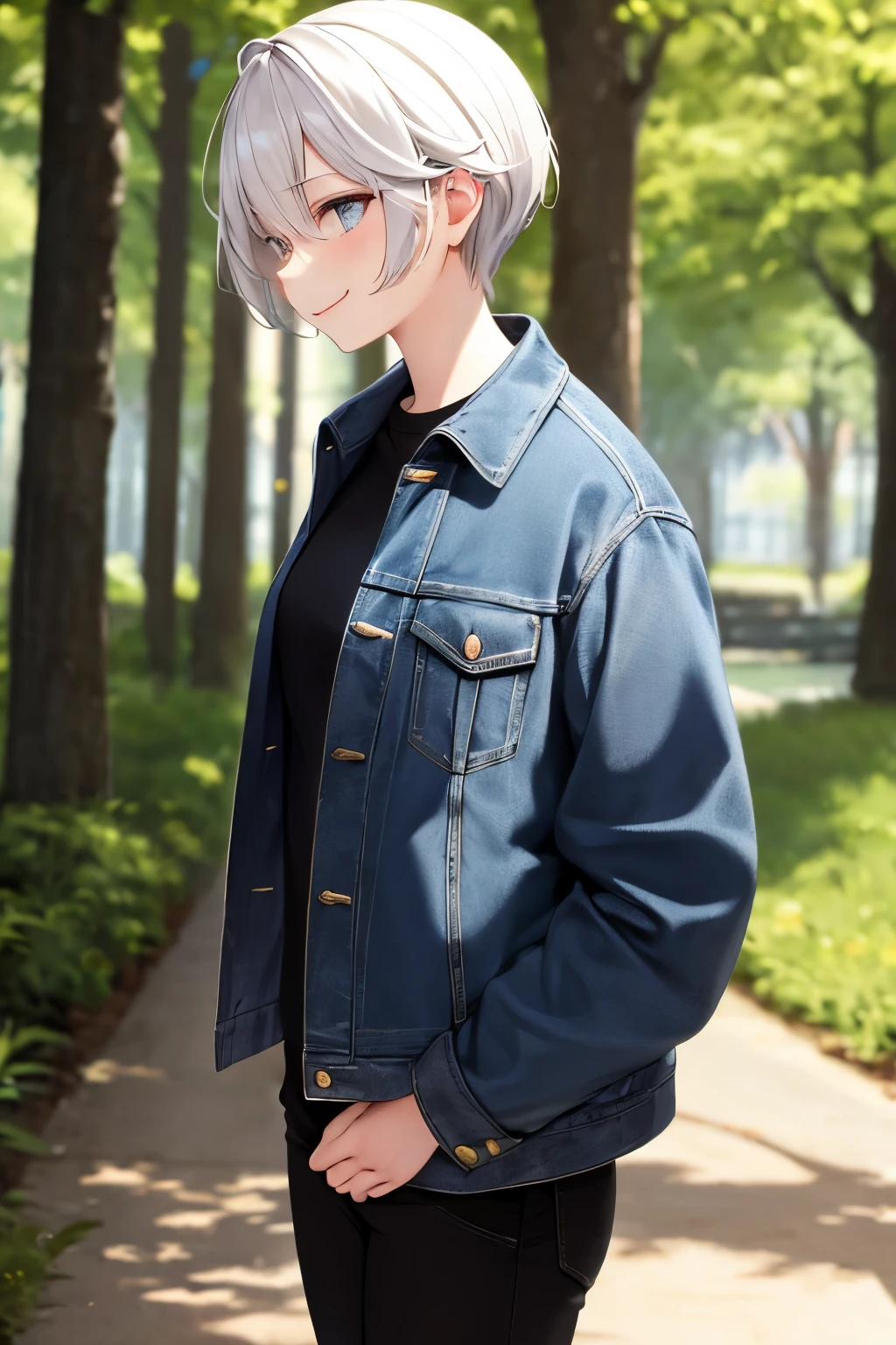 (masterpiece), best quality, BREAK, expressive eyes, (perfect face), 1woman, BREAK, (medium hair, white hair), BREAK, (lavender eyes, detailed eyes), BREAK, (happy smile) BREAK, (short heigh), BREAK, (denim jacket), BREAK (black pants) , BREAK, (black vans), BREAK, (forest), BREAK, (standing), (sideview)