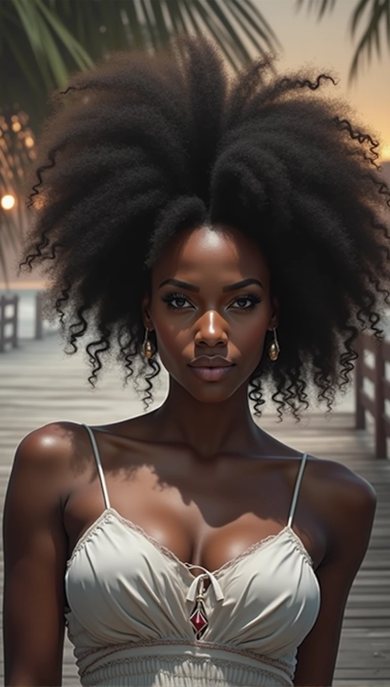 generate an action scene where a couple of lovers (a handsome black man and a Latin woman with dark chocolate skin) are on a boardwalk facing the sea, warm colors, be creative and achieve a book cover image