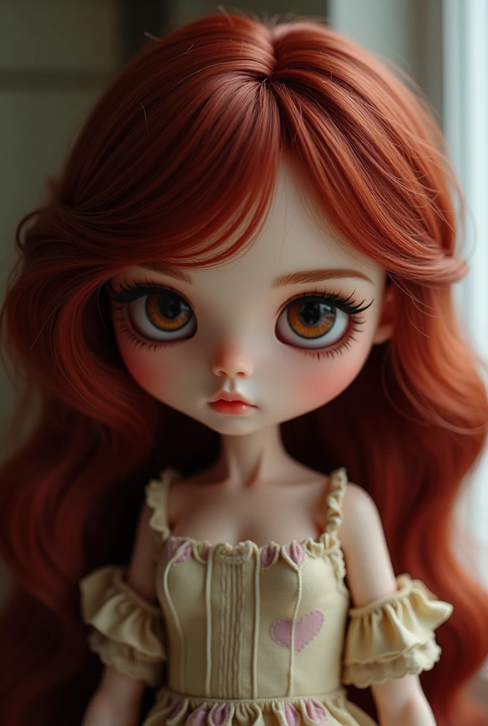 Blythe doll with dark red hair with side bangs on the left 
and chest length hair, light brown eyes and pale brown skin.
