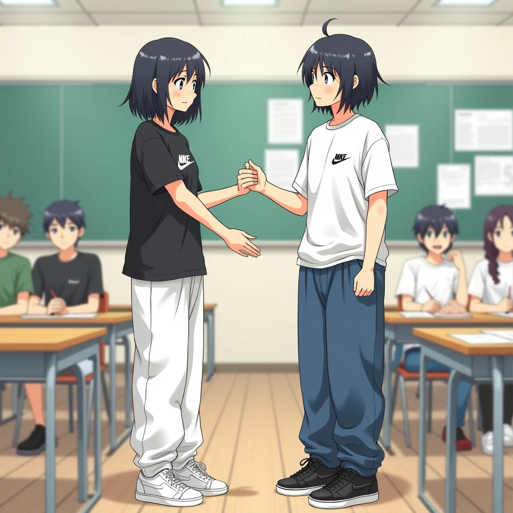 a Japanese guy with MEDIUM long hair wearing a black Nike t-shirt, very baggy white pants and white Vans sneakers, talking to his friend with long medium hair wearing blue baggy pants, a white Nike t-shirt and black Puma sneakers in the classroom shaking hands during the test