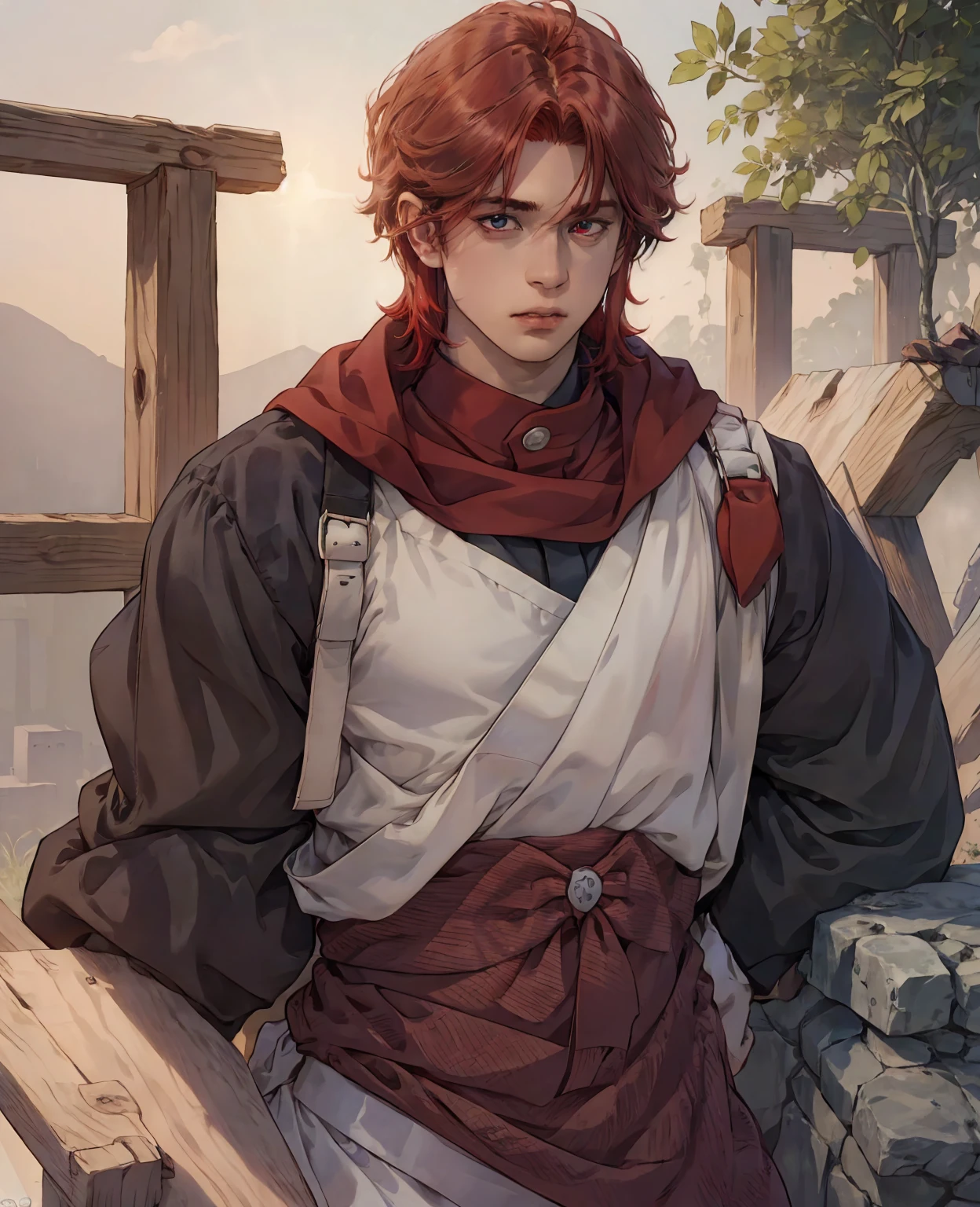 A young man with vibrant red hair, piercing red eyes, wearing simple villager clothes, detailed portrait, realistic, photorealistic, cinematic lighting, fantasy, high quality, 8k, extremely detailed, masterpiece