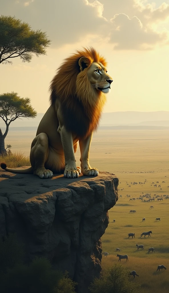 "A lion watching other animals from a distance, feeling isolated and alone."