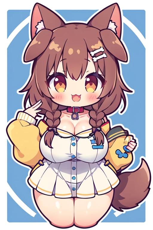 1girl, koronedefault, yellow jacket, white dress, off shoulder, animal collar, low twin braids, bone hair ornament, dog tail, dog ears, :\3, large breasts, thick thighs, mature female, tall female