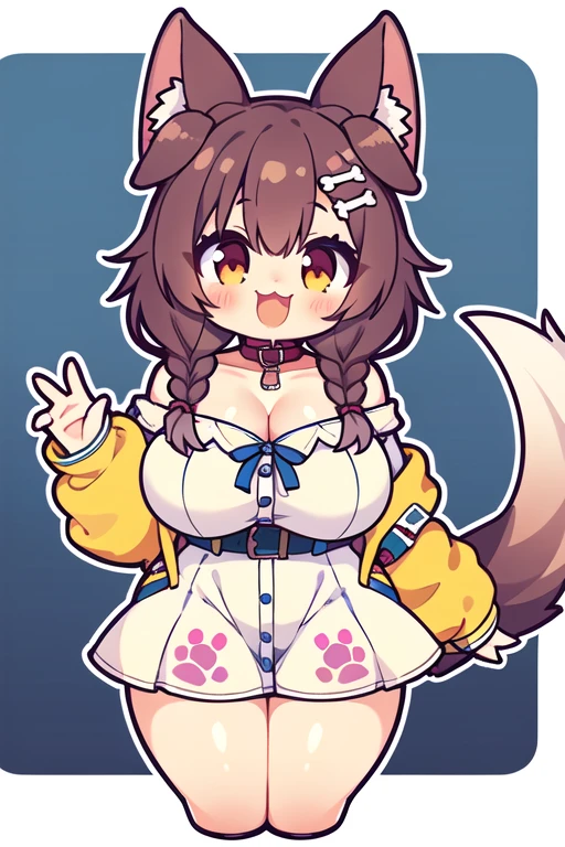 1girl, koronedefault, yellow jacket, white dress, off shoulder, animal collar, low twin braids, bone hair ornament, dog tail, dog ears, :\3, large breasts, thick thighs, mature female, tall female