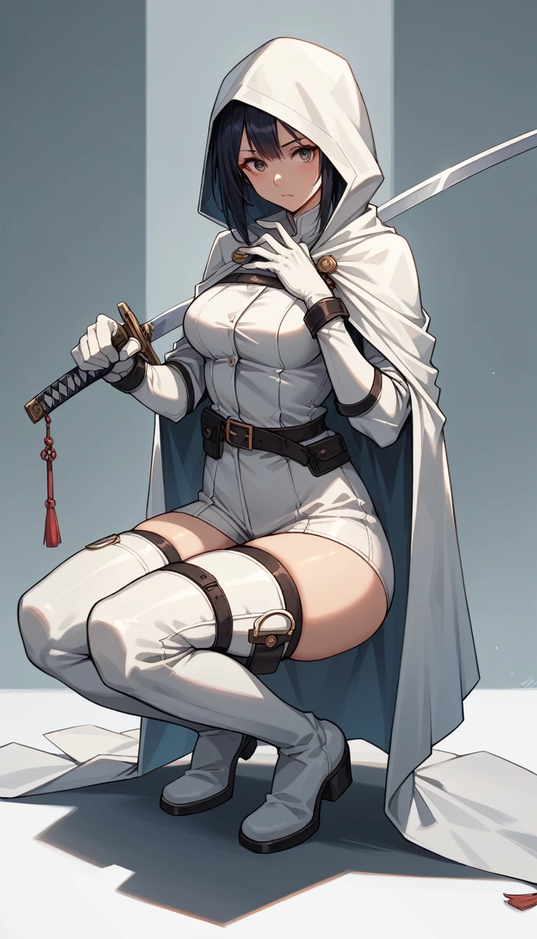 1girl,solo,medium breasts,(thigh gap:1.2),(full body:1.3),ruanyi0111,belt,white bodysuit,thigh boots,white gloves,katana,white cloak,sheathed,squatting,, (masterpiece, best quality, hires, high quality, by professional artist, ultra detailed, extremely detailed, absurdres, incredibly resolution:1.2), good hands, perfect hands,
