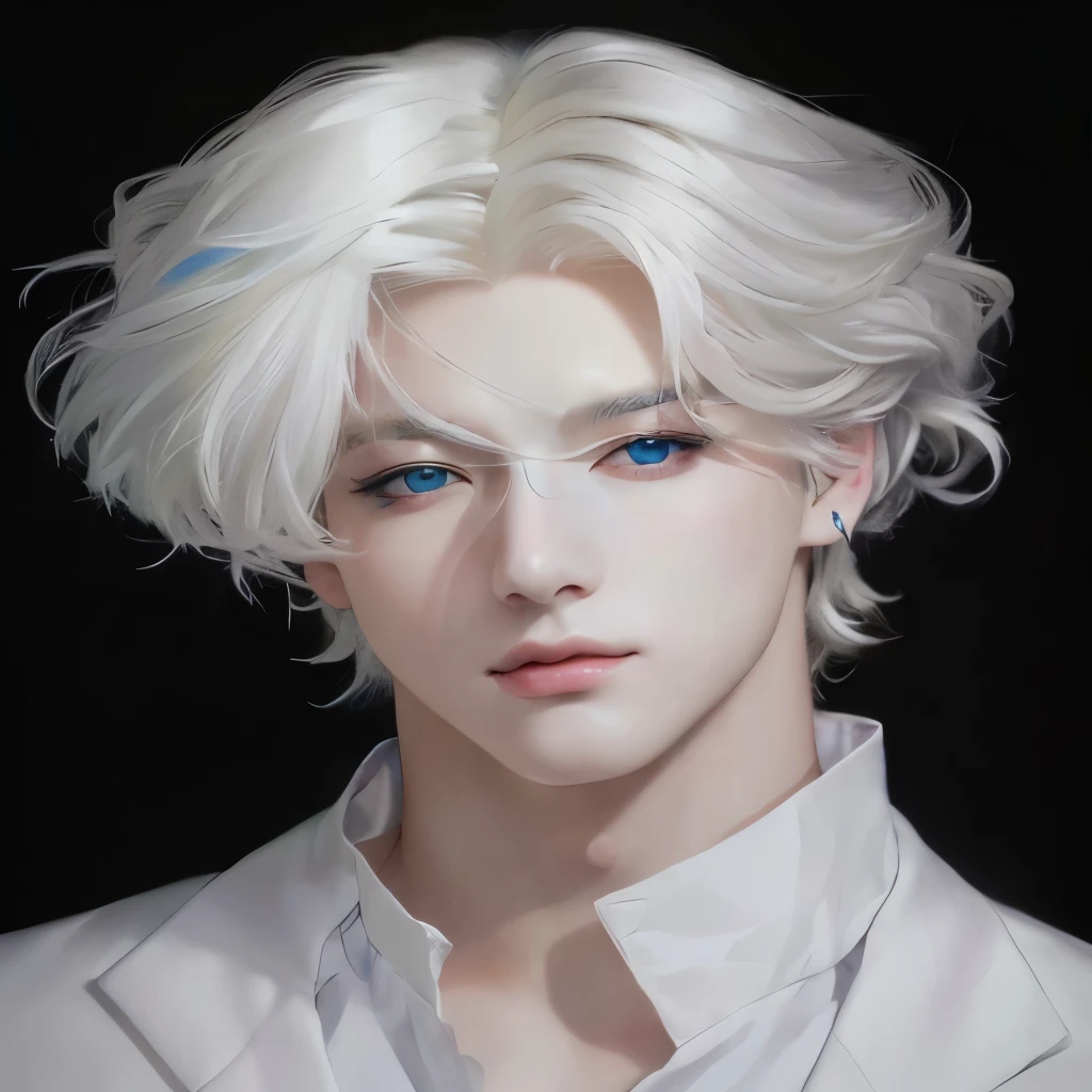 A closeup of a person with white hair and blue eyes, handsome boy in realism art, inspired by Jeon Jungkook, delicate androgynous prince, Tall anime boy with blue eyes, awesome anime face portrait, beautiful androgynous prince, BTS, Jungkook style artwork, anime portrait of a handsome man, Kook BTS