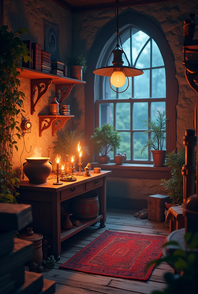 generates an image of a windowless witch's room that is illuminated only by candlelight. There is a table with many witch objects and candles, above this table there is a shelf with books. In the room there is a cauldron and other witch things. Everything is animated not realistic