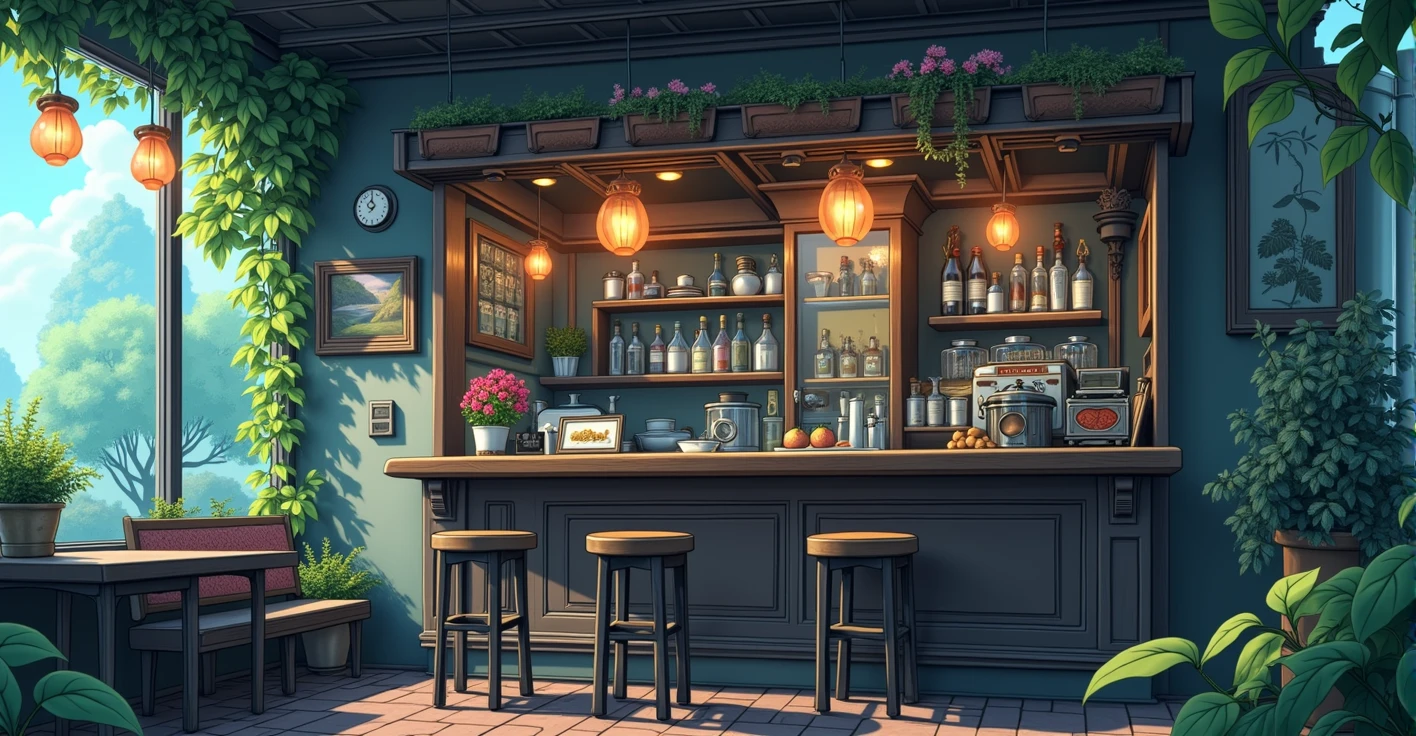 realistic cafe in ghibli style