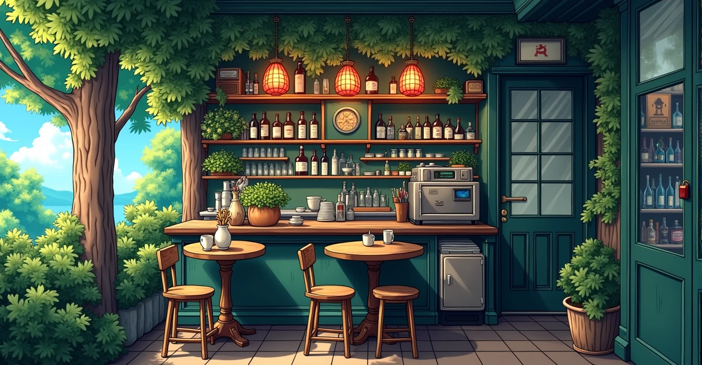 realistic cafe in ghibli style