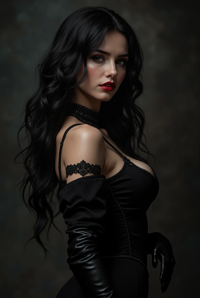 arafed woman in a black outfit and black gloves is posing, seductive tifa lockhart portrait, dominatrix, angela white, mistress, tifa lockhart, very sexy woman with black hair, 2 b, 2b, portrait of tifa lockhart, very sexy devil outfit, japanese goddess, glamorous tifa lockheart, full scene shot