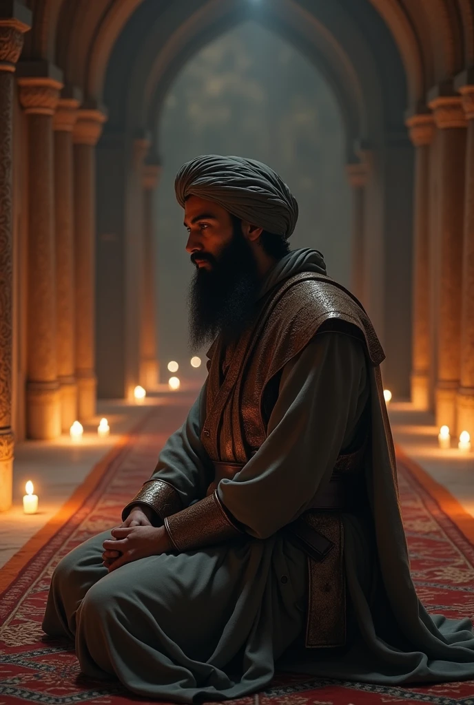 To fight the Crusaders、Praying at the mosque、Muslim warriors、Wearing a turban、Has black hair and a beard、Lit by candlelight、night ((Anatomically correct,Surrealism, uhd, retina, accurate, anatomically correct, textured skin, super detail, high details, best quality, 8k))