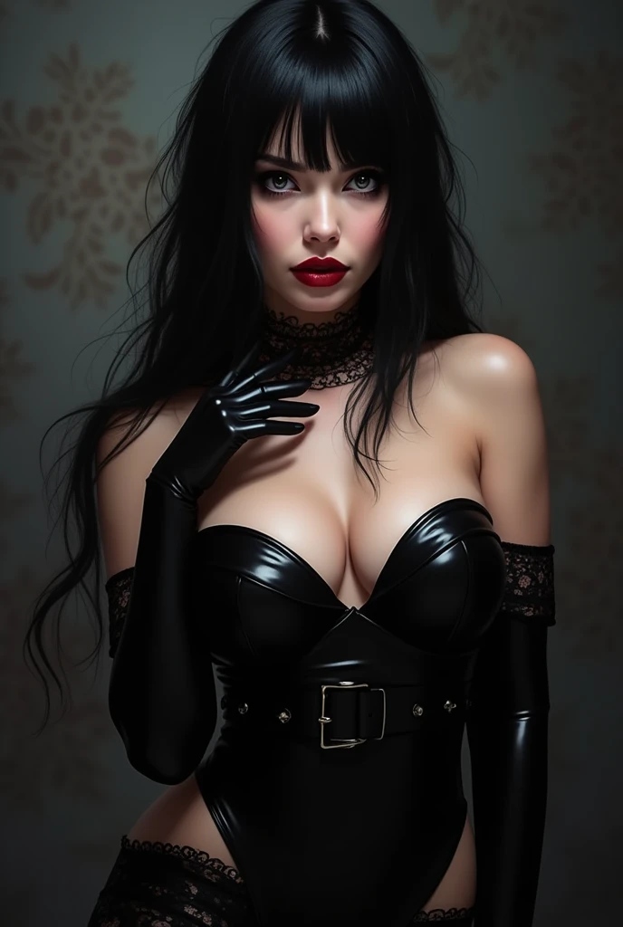 arafed woman in a black outfit and black gloves is posing, a stock photo inspired by Torii Kiyonobu I, featured on reddit, gothic art, seductive tifa lockhart portrait, dominatrix, angela white, mistress, tifa lockhart, very sexy woman with black hair, 2b, 2 b, portrait of tifa lockhart