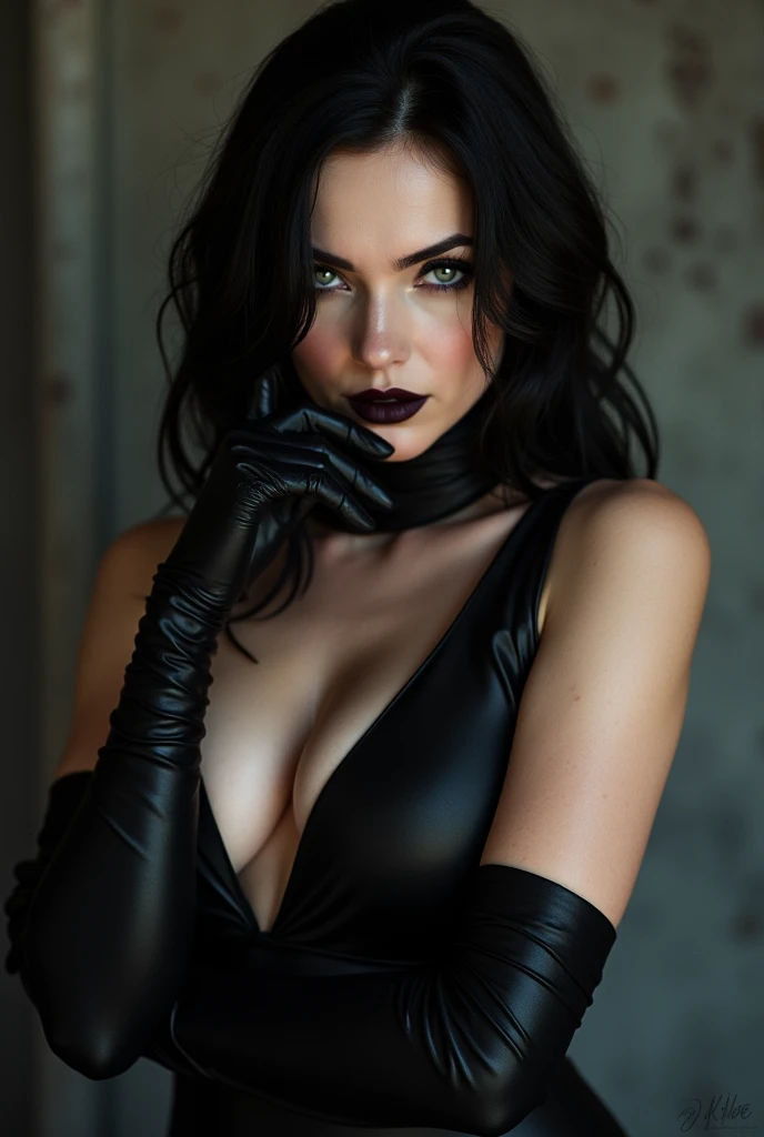 arafed woman in a black outfit and black gloves is posing, a stock photo inspired by Torii Kiyonobu I, featured on reddit, gothic art, seductive tifa lockhart portrait, dominatrix, angela white, mistress, tifa lockhart, very sexy woman with black hair, 2b, 2 b, portrait of tifa lockhart