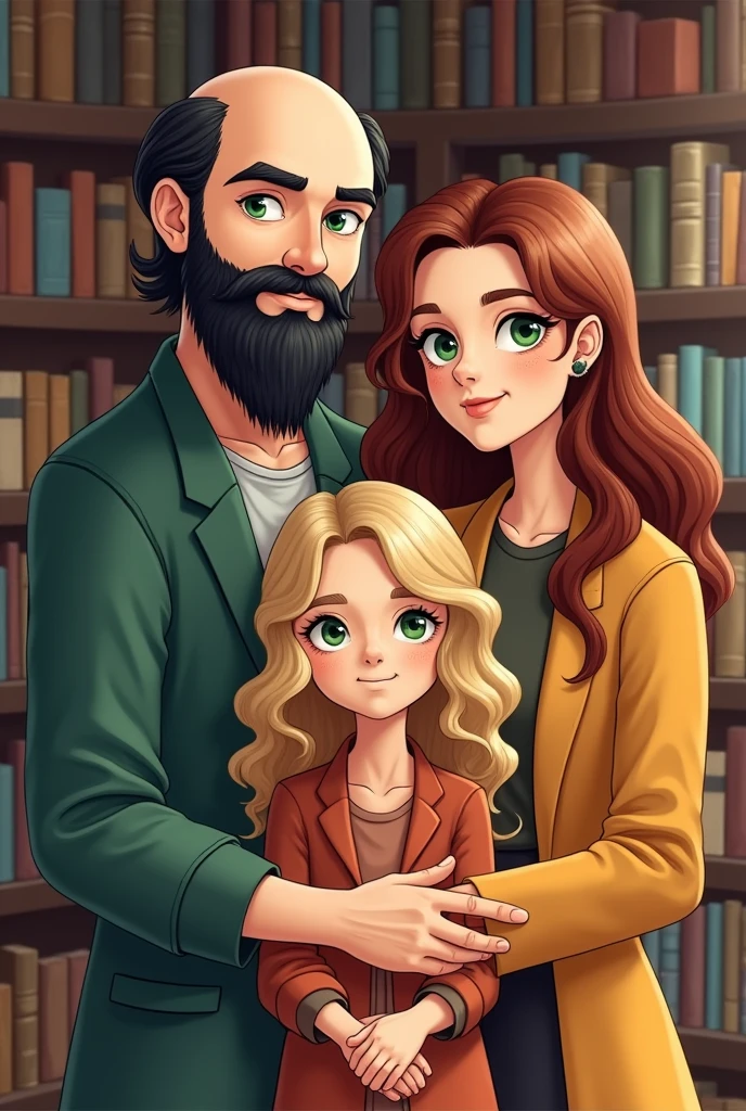 A family, A white man, Cao Cao, calvo, black beard, greeneyes, ao lado de uma mulher white de greeneyes com o cabelo castanho-acobreado, straight and without bangs parted in the middle, next to an 18 year old girl, white, greeneyes, curly and blonde hair, in a bookstore, illustration style, sticker