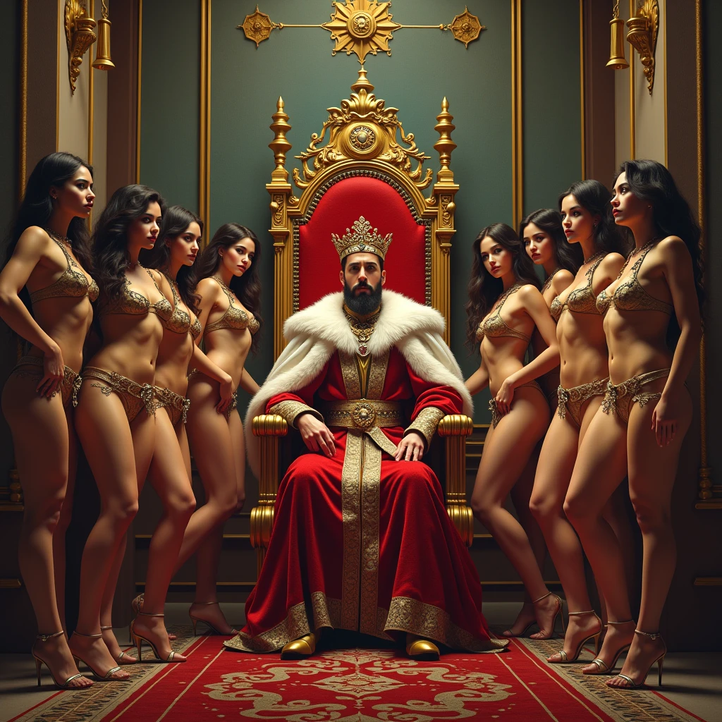 a king sits in the throne,two naked girls with big boobs sits on both sides , naked girls in front of him holding difrnt food in plates kneeling,wide angle shot, in the floor mat it has words "noTheKing"