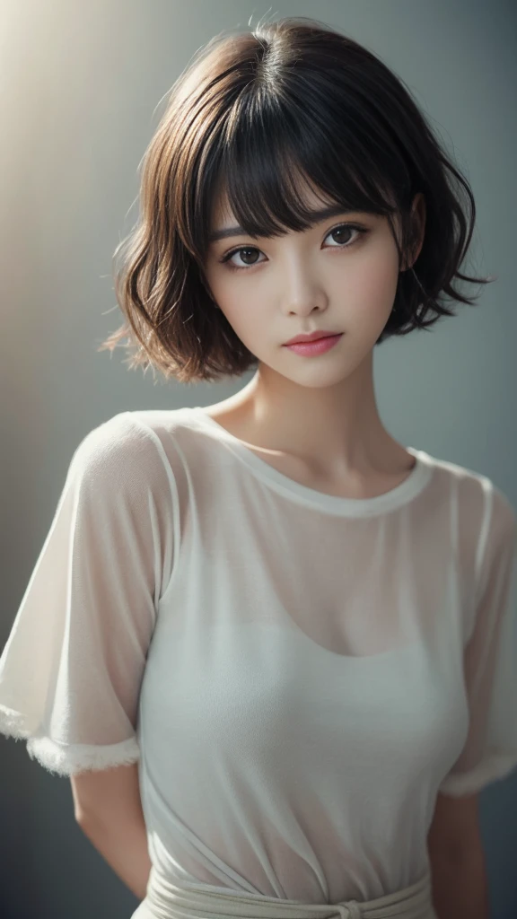 ((Subdued lighting effect)),((Moody Lighting)),(Highest quality, Very detailed, masterpiece:1.2), 1 women, Very thin body, length, Thin legs, ((Black wavy short hair:1.2)), ((Thick and fluffy bangs)), Very detailedな顔,A faint smile, small, Thin Nose, small thin mouth, Extremely sharply focused eyes, Japanese, Beautiful Face, Realistic eyes, Beautiful and beautiful eyes, Realistic Skin, Beautiful Skin, charm, (A vivid face), Beautiful Hairstyles,((Over Size Tシャツ)),脇を見せる,腕を上げる,
