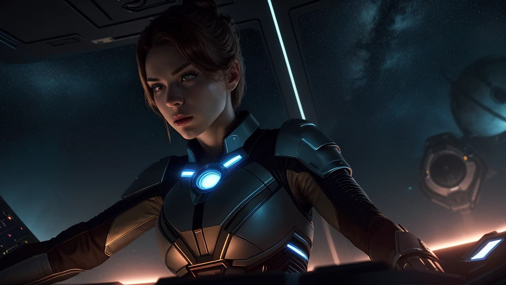 A determined captain, Ava Sinclair, her gaze fixed on the distant stars, stands at the helm of her spaceship. Strong, commanding pose, emphasizing her leadership role. Cinematic lighting, focus on her determined expression.