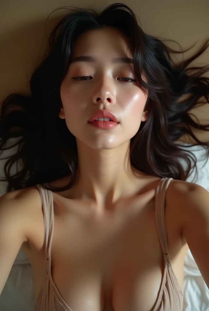 ((masterpiece)), ((Highest quality)),, Sensual,View, 45-year-old Japanese woman , Seductive eyes , Spread your legs, ((Highest quality, 8k, masterpiece: 1.3)), concentrated: 1.2, Perfect beauty: 1.6, Astock: 1.3, (Layered Short Hair), Home bedroom, Highly detailed face and skin texture, Narrow eyes, double eyelid, Whitening skin, Long Hair, close your eyes:1.2,look up, Highly detailed eye texture,Saggy breasts,No makeup,((Selfie)),Slightly small chest,Saggy tits,((Completely naked))