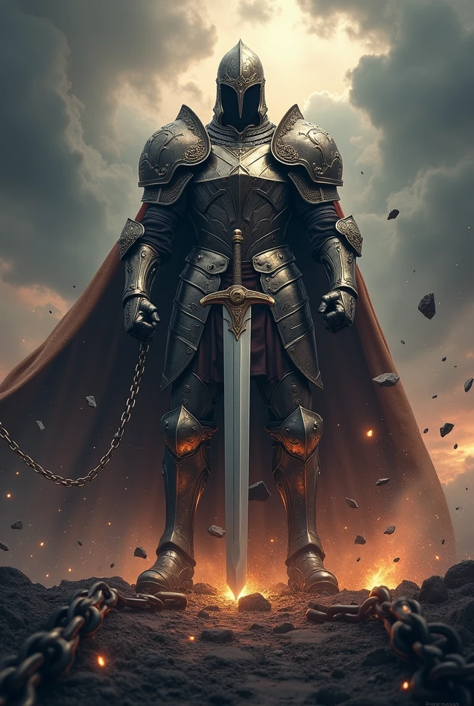 Description of the cover:

fund: The cover background should be a dramatic, dark landscape, perhaps a stormy sky with heavy clouds and lightning flashing in the distance. This setting creates an epic and intense tone..

soldier: In the center of the cover, there is an imposing soldier, dressed in shiny, detailed armor, that reminds me of "God&#39;s armor" described in Ephesians 6. Armor must be meticulously designed, with gleaming plaques and ornamental details that reflect light dramatically.

Action: The soldier is in a dynamic pose, holding a large and powerful sword that is cutting heavy chains. The chains break in many directions, with fragments flying around, symbolizing liberation and the breaking of bonds. many broken chains around the soldier Expression: The soldier&#39;s expression is determined and courageous, conveying a sense of courage and determination. His gaze is firm, and your posture conveys strength and confidence.

Additional Detail: Add glow and light around the broken chains and the soldier&#39;s sword and helmet to highlight the action and sense of power.. touches of light can also be added to the armor to give a more heroic effect.

