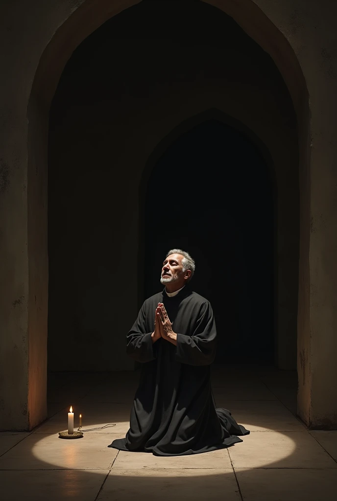 Recreate Manuel García Morente in a dark room kneeling and praying