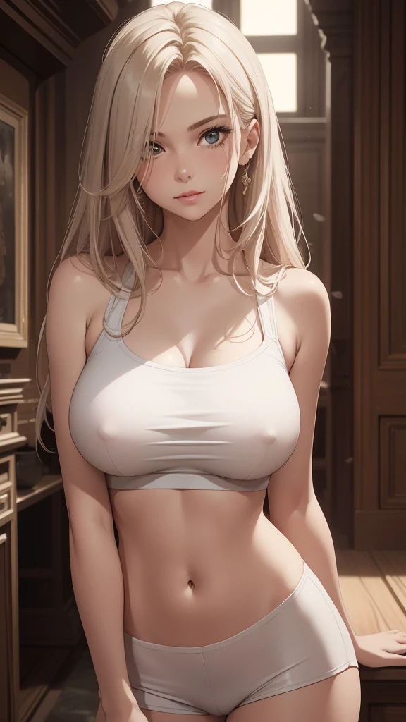 a beautiful young girl, modern white short tight cropped top, sensual, alluring expression, long flowing hair, looking at camera, soft lighting, romantic mood, high quality, realistic, cinematic, 8k, photorealistic, detailed facial features, detailed skin texture, detailed clothing folds, intricate hair strands, warm color palette, cinematic lighting