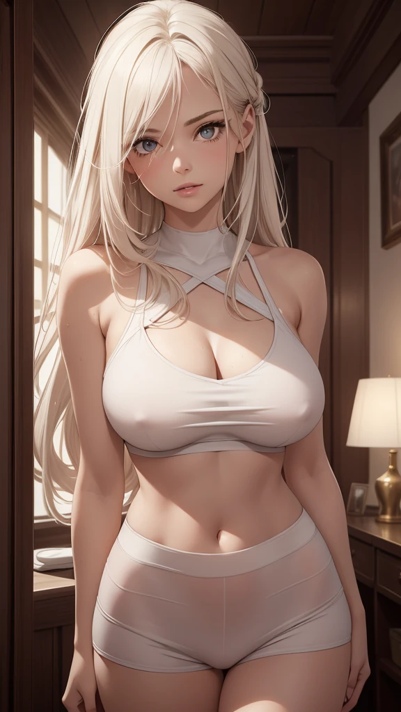 a beautiful young girl, modern white short tight cropped top, sensual, alluring expression, long flowing hair, looking at camera, soft lighting, romantic mood, high quality, realistic, cinematic, 8k, photorealistic, detailed facial features, detailed skin texture, detailed clothing folds, intricate hair strands, warm color palette, cinematic lighting