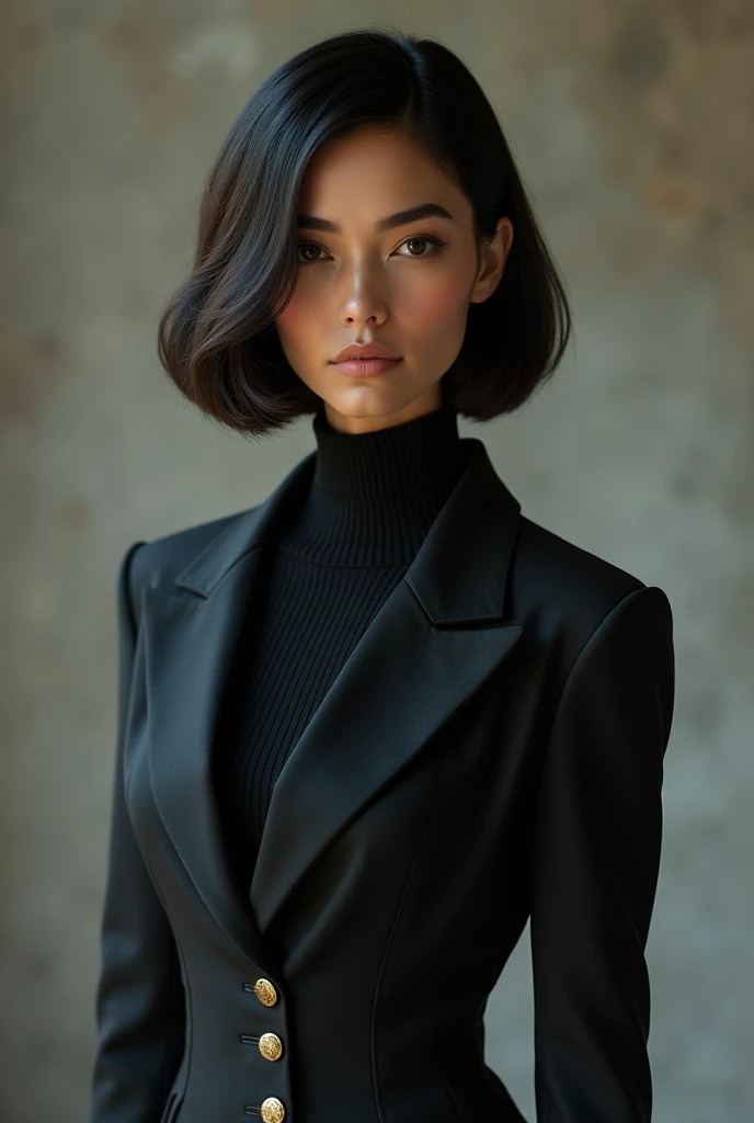 Well dressed spanish woman with a bob cut and all body covered up accept head