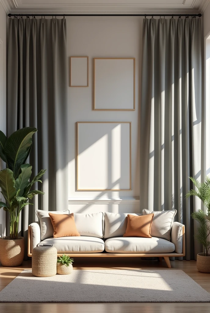 A standard USA style living room setting, appropriate for a pc webcam background with portraits on the wall, gray curtain and enough lighting. Make background look very natural and realistic. landscape orientation