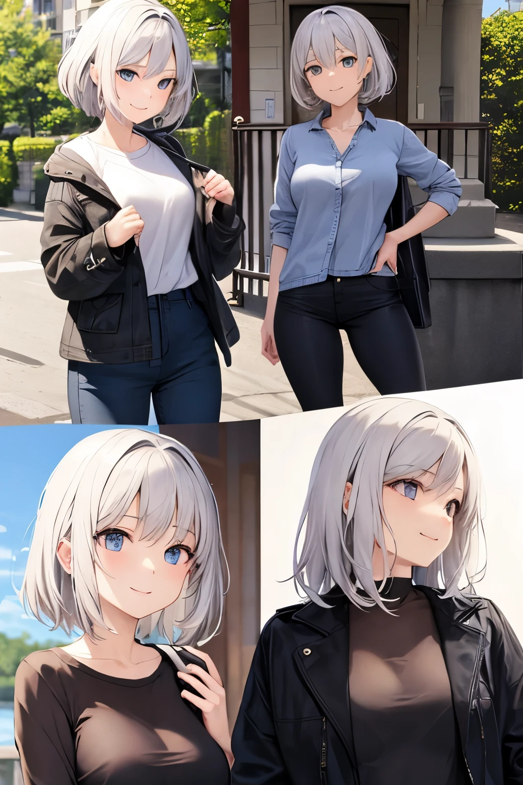 (masterpiece), best quality, BREAK, expressive eyes, (perfect face), 1woman, BREAK, (medium hair, white hair), BREAK, (lavender eyes, detailed eyes), BREAK, (happy smile) BREAK, (short heigh), BREAK, (denim jacket), BREAK (black pants) , BREAK, (black vans), BREAK, (forest), BREAK, (standing), (sideview)