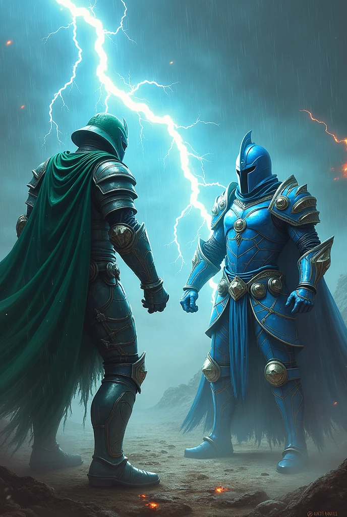 A warrior in blue armor and a blue closed helmet and another warrior in green armor and a green closed helmet fighting an incredible battle of lightning against a hurricane 
