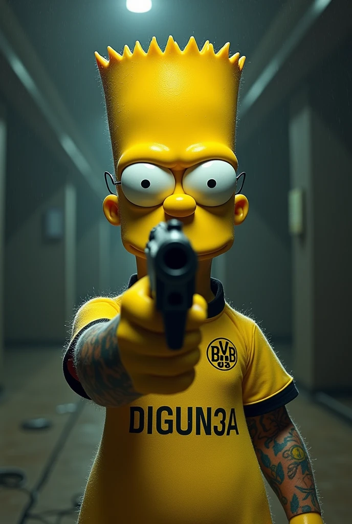 Generate an image of Bart Simpson wearing a Borussia Dortmund shirt with tattoos and holding a gun pointing in front of him and saying "kp, How do you know I'm a marketing person?." And he looks drugged