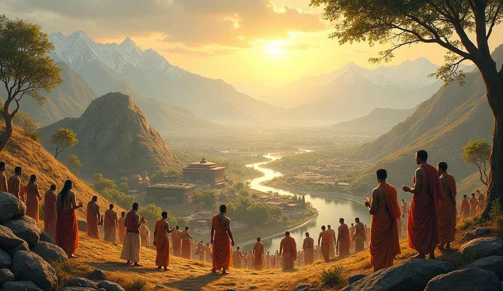 Create a detailed illustration representing the concept of "Bharat" as a cultural and geographical identity. The image should depict an ancient Indian landscape, symbolizing the Vedic period. In the background, show the majestic Himalayas, representing the northern boundary, and the Vindhya range in the south. The land between these mountains should feature a mix of rural and urban scenes, including small villages, rivers, and ancient temples. The sky should have a subtle golden hue, symbolizing the dawn of civilization.In the foreground, depict diverse people in traditional attire, performing rituals or engaging in trade, representing the cultural diversity of the region. Include symbols from Vedic culture, such as sacred fires, Vedic scripts on scrolls, and elements of nature like the peepal tree. The overall atmosphere should evoke a sense of unity and shared heritage, highlighting how this region, known as "Bharatvarsha," evolved as both a cultural and geographical identity.