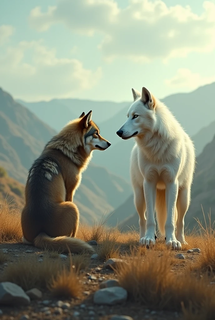 1 sad brown wolf, looking at a big white wolf in the distance 