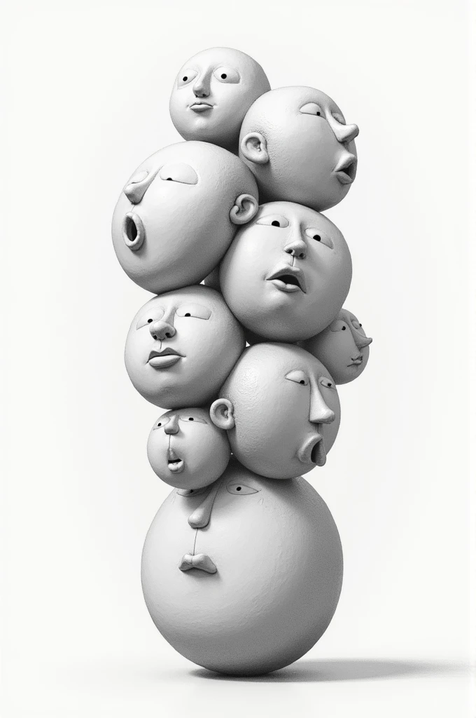 Create me an image that the design is spherical, They must be several genderless faces, that they look half piled up and each face expresses different emotions the black and white design finished with a pencil drawing