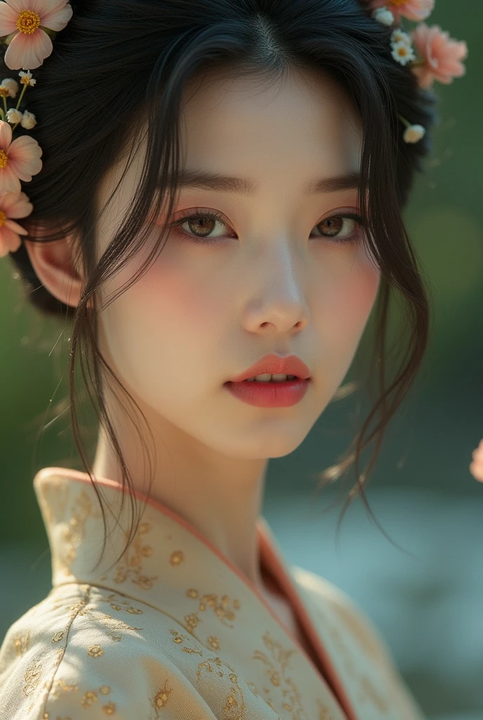 An elegantly dressed Japanese woman in natural light、A close-up of her chest and calm expression.、It shows her inner peace and outer charm.。
