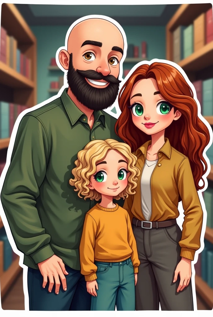 A family, A white man, Cao Cao, calvo, black beard, greeneyes, ao lado de uma mulher white de greeneyes com o cabelo castanho-acobreado, straight and without bangs parted in the middle, next to an 18 year old girl, white, greeneyes, curly and blonde hair, in a bookstore, illustration style, sticker