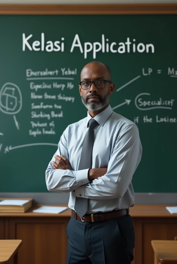 Un professeur noir devant un tableau avec mention Application Kelasi. 