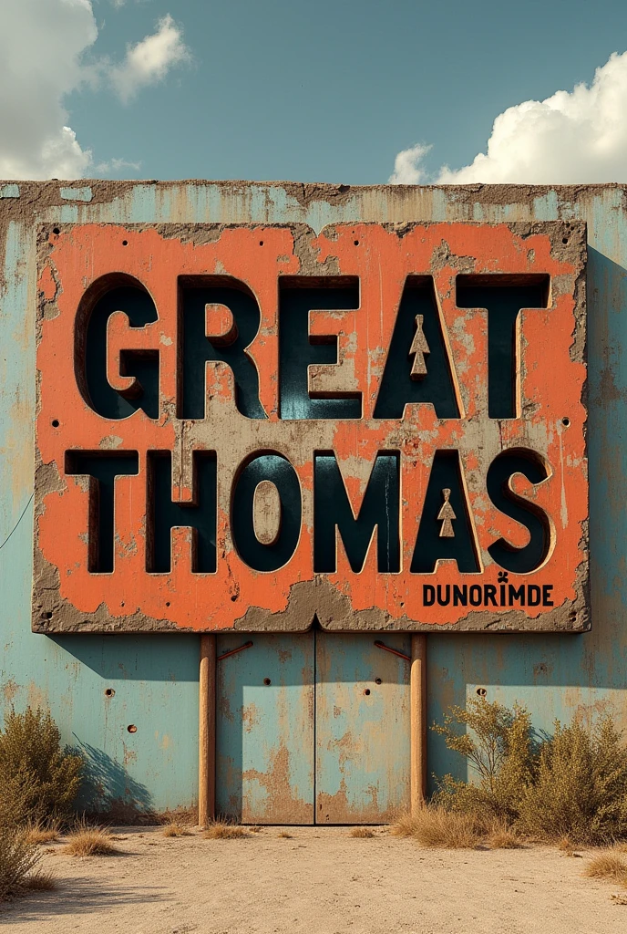 A sign on a deserted outside wall, Cut into letter shapes, (Text:"Great Thomas") The word, Big bold, Draw inside the cutout, BREAK Art that inspires creators to create images, An aesthetic world that develops behind the characters., Add Text to the bottom of the screen, (Text:"Break down the walls of creativity!")