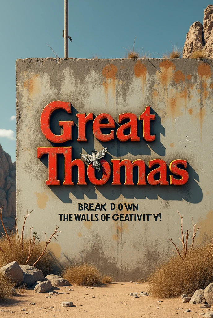 A sign on a deserted outside wall, Cut into letter shapes, (Text:"Great Thomas") The word, Big bold, Draw inside the cutout, BREAK Art that inspires creators to create images, An aesthetic world that develops behind the characters., Add Text to the bottom of the screen, (Text:"Break down the walls of creativity!")