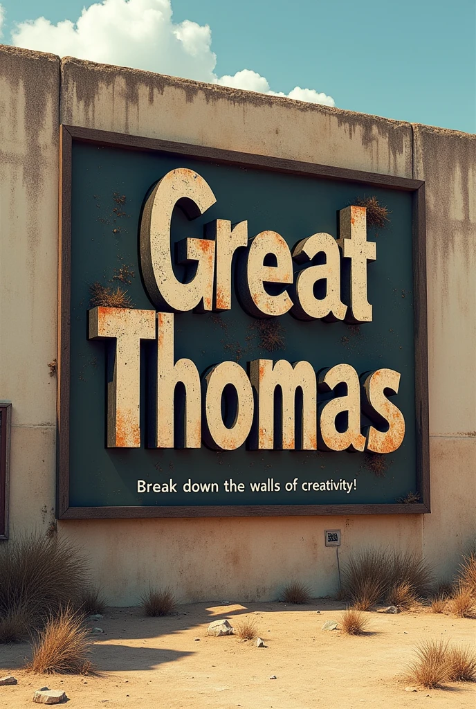 A sign on a deserted outside wall, Cut into letter shapes, (Text:"Great Thomas") The word, Big bold, Draw inside the cutout, BREAK Art that inspires creators to create images, An aesthetic world that develops behind the characters., Add Text to the bottom of the screen, (Text:"Break down the walls of creativity!")