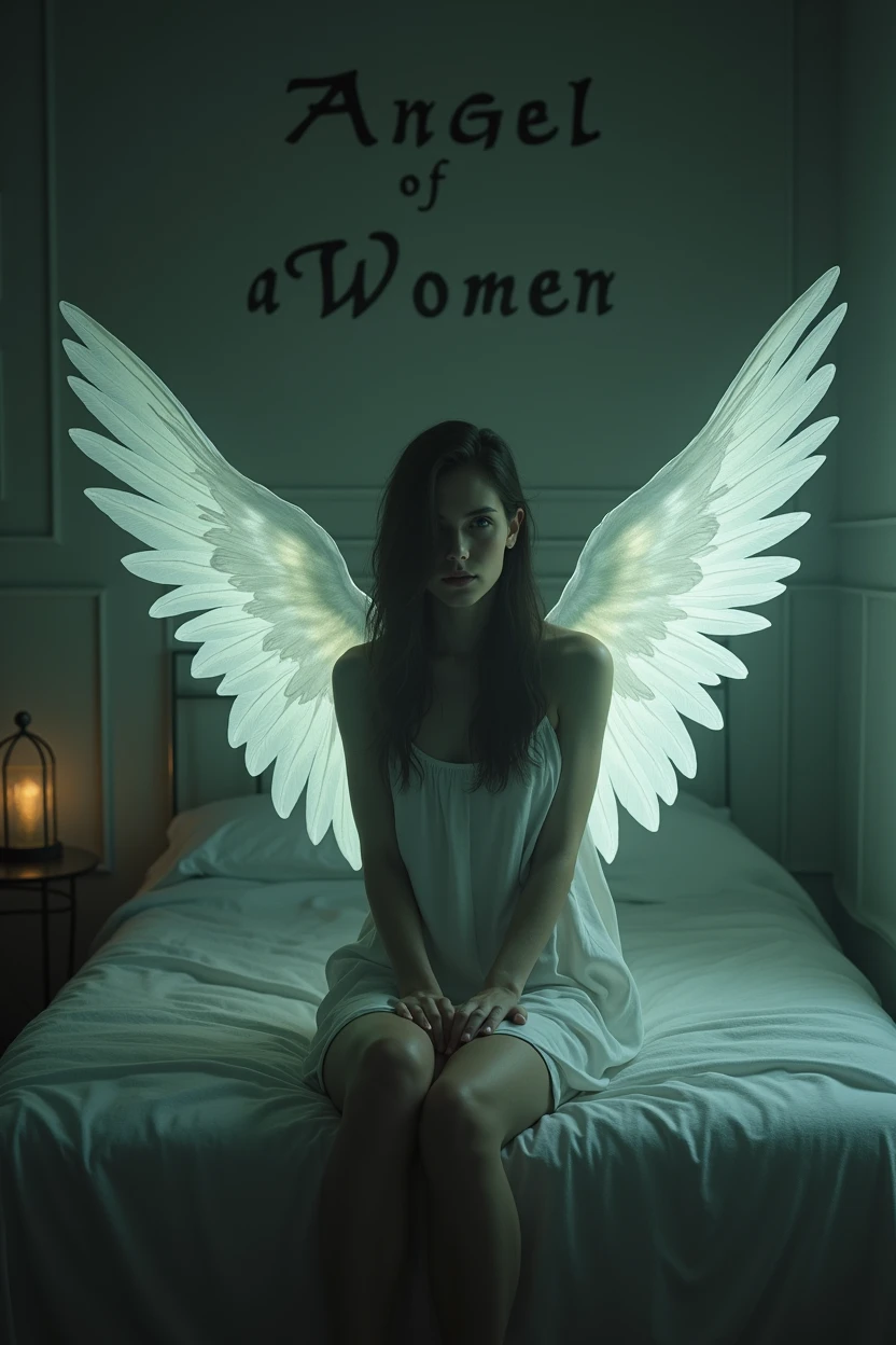 Eileen galvin de Silent Hill 4, with angel wings, sitting on the bed, word angel of women written on the wall, with 1 squint eye