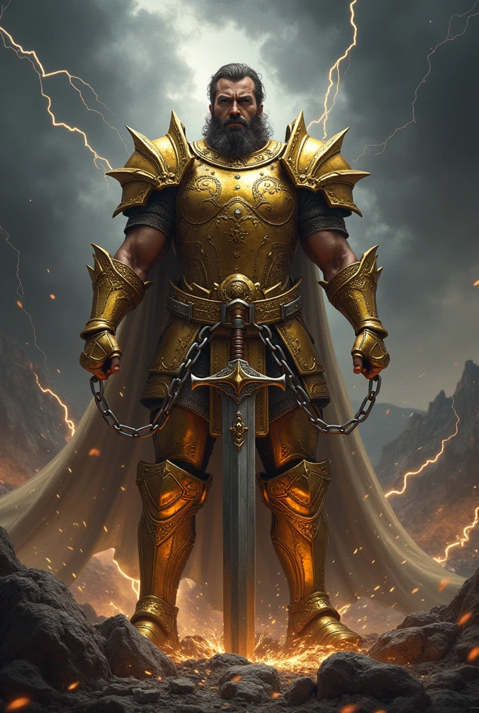 Description of the cover:
fund: The cover background should be a dramatic, dark landscape, perhaps a stormy sky with heavy clouds and lightning flashing in the distance. This setting creates an epic and intense tone..
soldier: In the center of the cover, there is an imposing soldier, dressed in shiny, detailed armor, that reminds me of "God's armor" described in Ephesians 6. The armor must be shiny and golden, meticulously designed., with shiny plates and ornamental details that reflect light Action: The soldier is in a dynamic pose, holding a large and powerful sword that is cutting heavy chains. The chains break in many directions, with fragments flying around, symbolizing liberation and the breaking of bonds. many broken chains around the soldier Expression: The soldier's expression is determined and courageous, conveying a sense of courage and determination. His gaze is firm, and your posture conveys strength and confidence.
Additional Detail: Add glow and light around the broken chains and the soldier's sword and helmet to highlight the action and sense of power.. touches of light can also be added to the armor to give a more heroic effect.