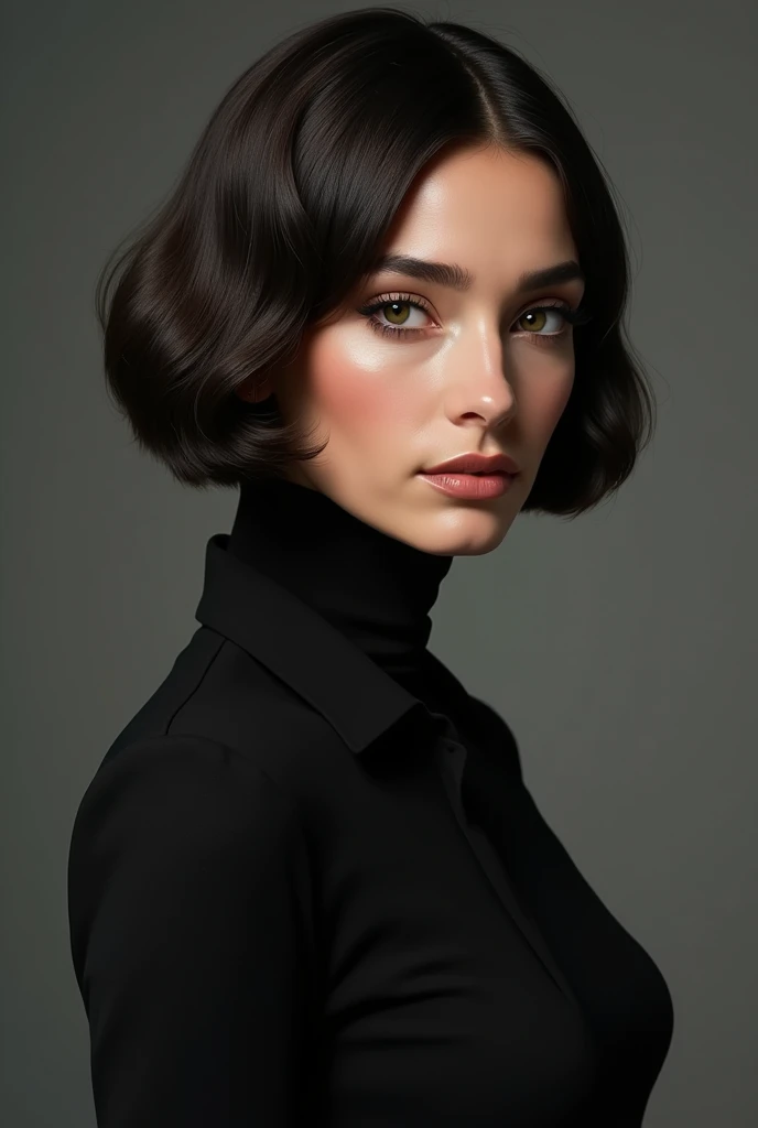 Well dressed spanish woman with a bob cut and all body covered up accept head. A little bit round face