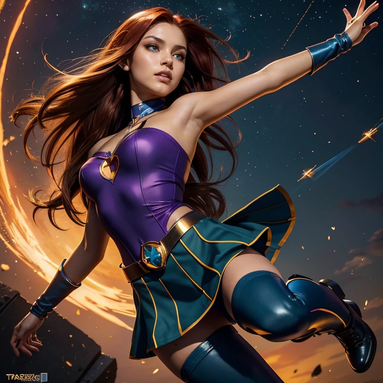 (​masterpiece, best quality:1.5), highest quality, High resolution, super detailed, Realists, Full body photo of 18 year old Starfire from Teen Titans, detailed and beautiful green eyes, beautiful detailed lips, very detailed eyes and face, longeyelashes, additional eyebrows in the forehead area, Beautiful and colorful makeup, Fighting Pose, dark red hair, slightly orange skin, bright daylight, bright colors, fine brushstrokes, Portrait style, beautiful color palette, glowing skin, First-class rendering, that captures every detail, enchanting atmosphere, (perfect anatomy:1.2), (The stunning Starfire wears a dark blue top with shoulder plate, dark blue skirt and thigh high dark blue boots.Teen Titans animated series 2003, Starfire flies through the air Starbolts shoot from your hands.  panoramic view:1.2)