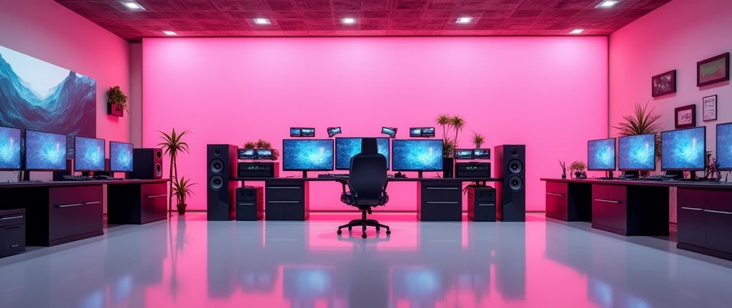Create a very large female gamer room with no one in the photo and the entire front empty and a very pink wall. And white floor