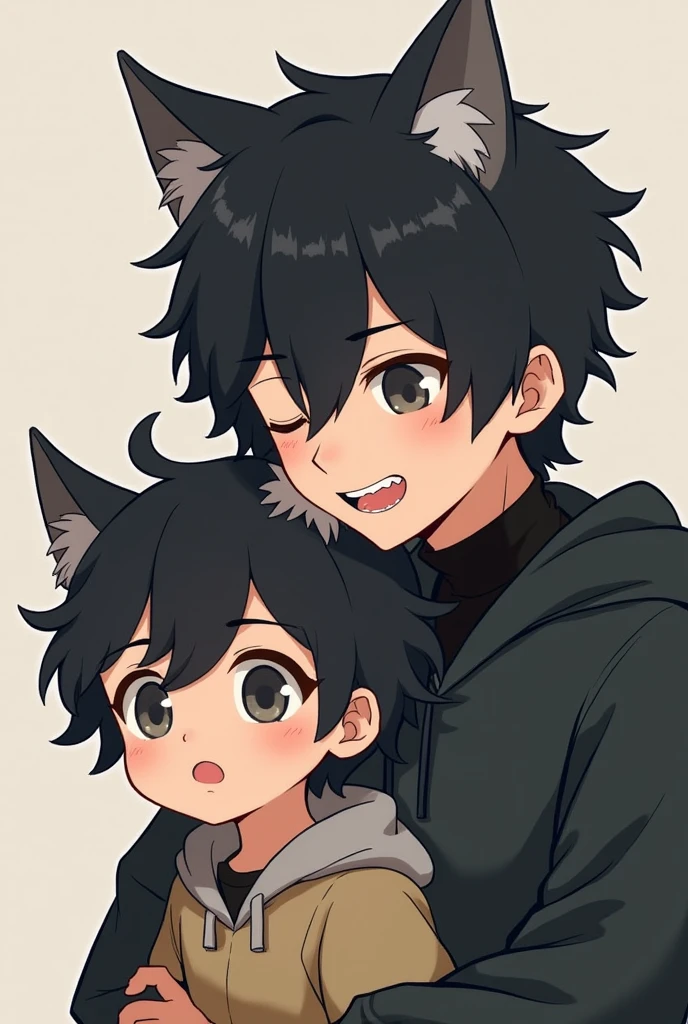 I held a cute, beautiful boy around 5 years old with short, fluffy black hair and droopy gray cat ears.、A 27-year-old man with short black hair, cute androgynous features, prominent crooked teeth, and drooping grey cat ears.
