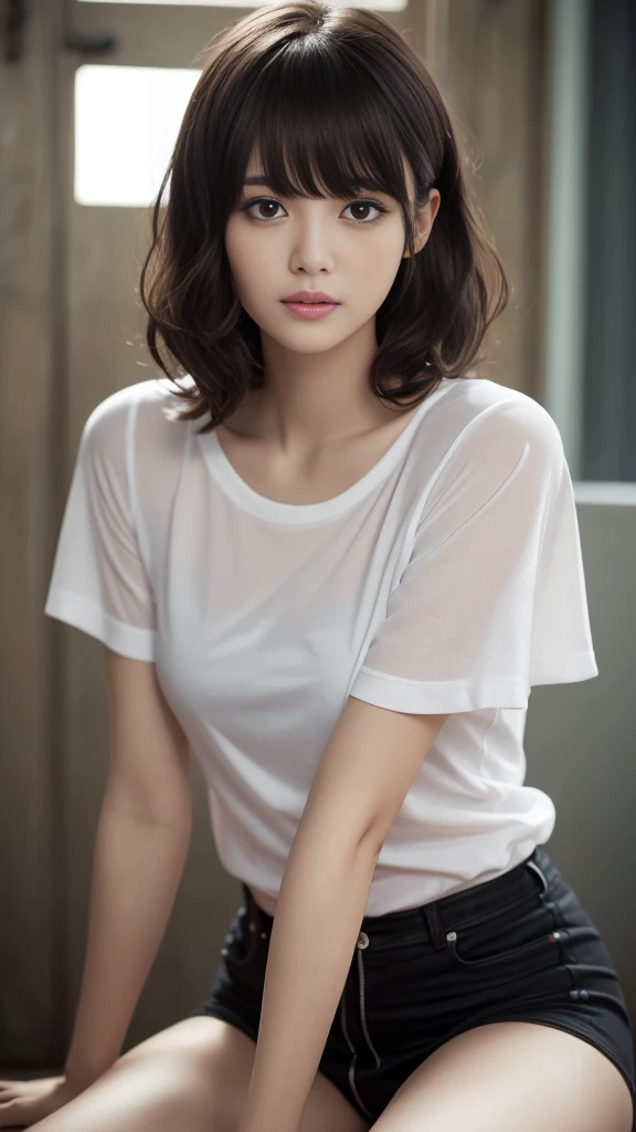 ((Subdued lighting effect:1.2)),((Moody Lighting)),(Highest quality, Very detailed, masterpiece:1.2), 1 women, Very thin body, length, Thin legs, ((Black wavy short hair:1.2)), ((Thick and fluffy bangs)), Very detailedな顔,A faint smile, small, Thin Nose, small thin mouth, Extremely sharply focused eyes, Japanese, Beautiful Face, Realistic eyes, Beautiful and beautiful eyes, Realistic Skin, Beautiful Skin, charm, (A vivid face), Beautiful Hairstyles,((Over Size Tシャツ)),rest one&#39;s chin on one&#39;s hand
