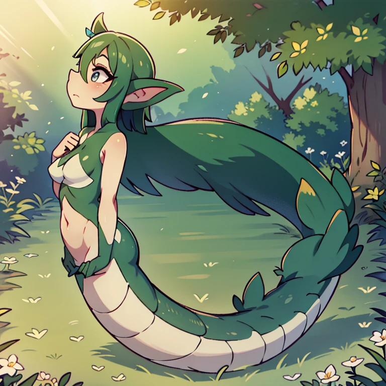 servine in a flower field, good lighting, side view, frown, defined tail, pointed snout, beautiful eyes, ancesra art style