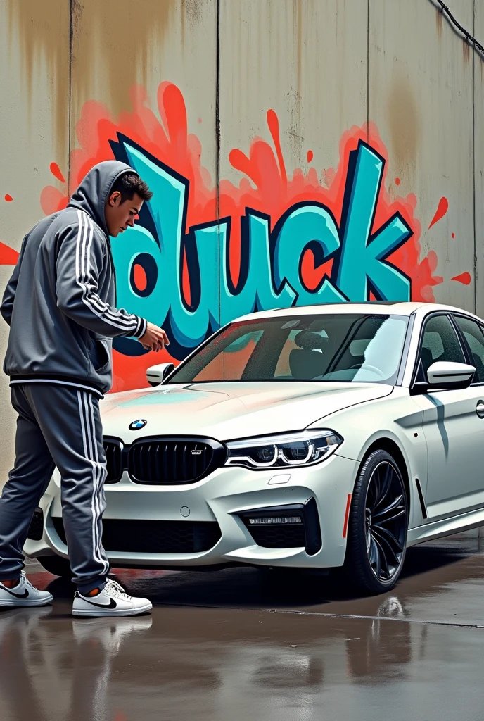 A graffiti style drawing of a man in a tracksuit washing a white BMW car on the wall written: duck
