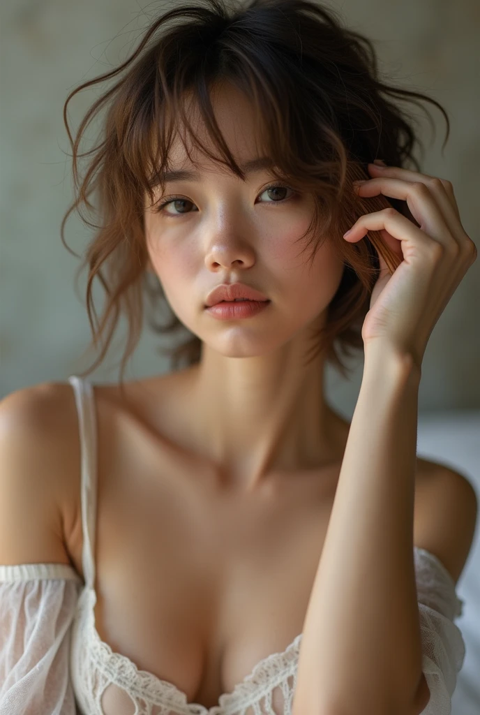 Beautiful 18 year old woman、Comb your messy hair after waking up、Fair and translucent skin、Lingerie、Short Hair、 Detailed Description、from the front、